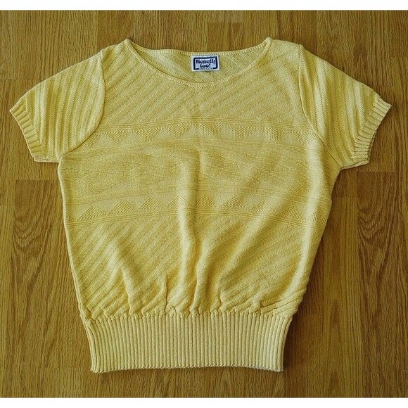Vintage Sweater Butter Yellow Textured Knit Short Sleeve Womens Medium Old Money - Picture 2 of 6